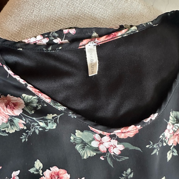 Pink Blush Short Black Chiffon V Neck Dress with Pink and Green Floral Motif - Picture 7 of 9